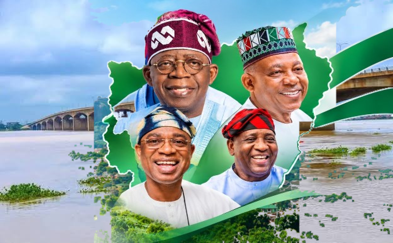 President Bola Ahmed Tinubu, Vice President Kashim Shettima, Governor Hyacinth Iormem Alia and Deputy Governor Samuel Ode on the map of Nigeria